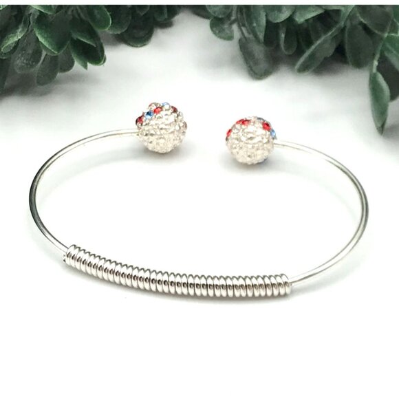 Crystal Ball Adjustable Bangle Bracelet With Red Blue & Clear Rhinestones - Picture 3 of 4